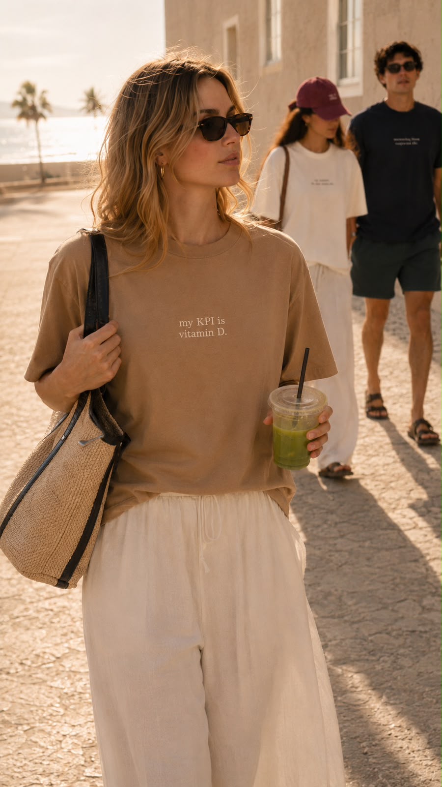 Woman in the tan vitamin D tee walking with a green juice