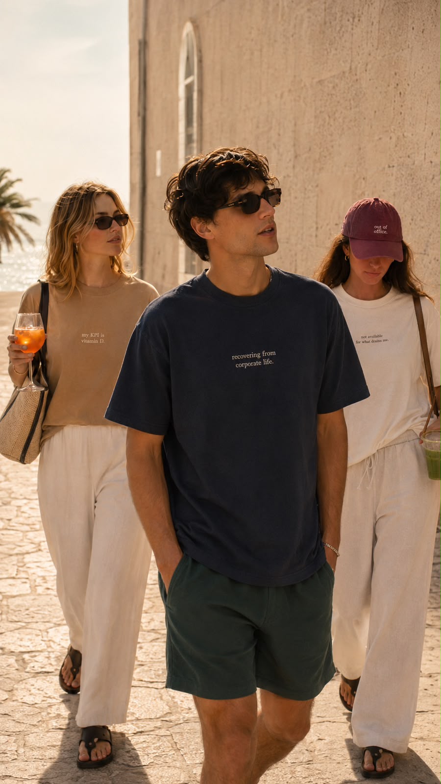 Group walking, navy recovering from corporate life tee in front